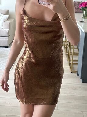 REVOLVE Metallic Bronze Cowl Neck Mini Dress